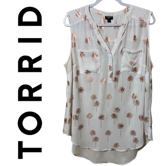 torrid Tops - Torrid White With Rose Gold Palm Trees Harper Georgette Sleeveless Blouse